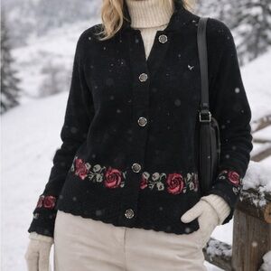 Obermeyer Vintage Chalet Cardigan Black Wool Rose Embroidered Sweater Small